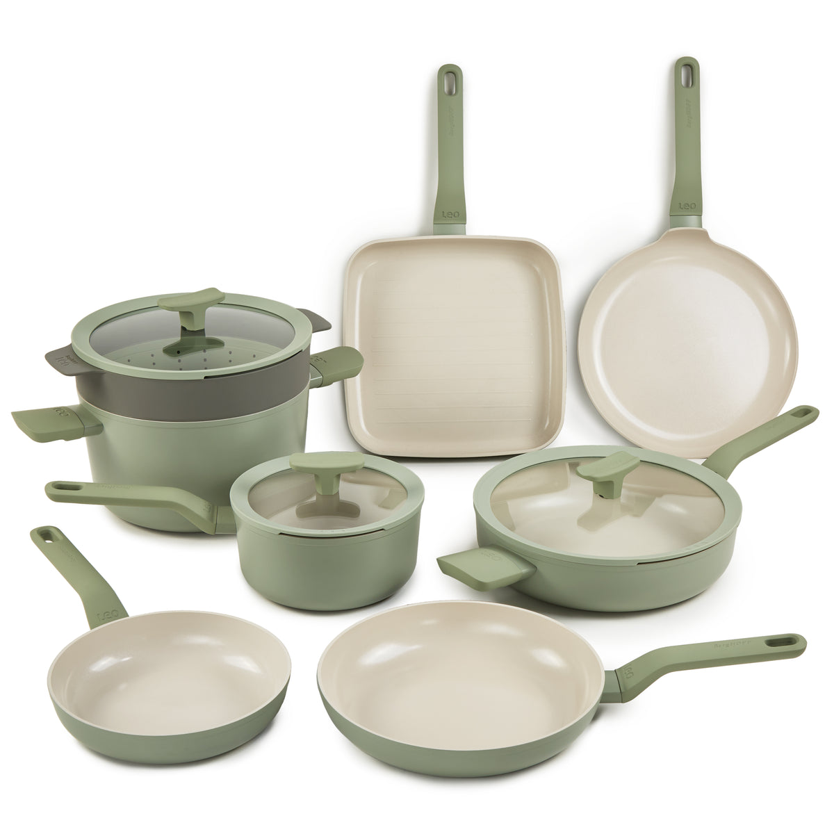 Leo Balance 11pc Nonstick Aluminum Cookware Set, Glass Lids, Sage ...