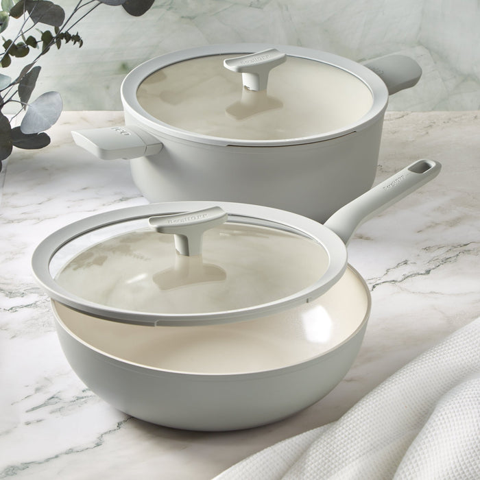 BergHOFF Balance 4pc Nonstick Ceramic Stockpot and Wok Pan Set With Glass Lids, CeraGreen, Moonmist - Stock Pots