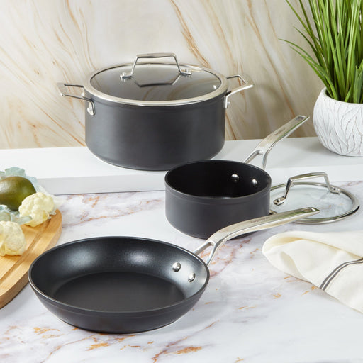 BergHOFF Essentials 5Pc Nonstick Hard Anodized Cookware Starter Set With Glass lid, Black - Cookware Sets