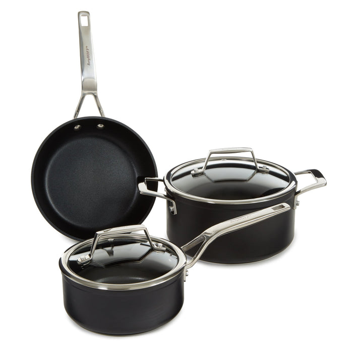 BergHOFF Essentials 5Pc Nonstick Hard Anodized Cookware Set For Two With Glass lid, Black - Cookware Sets