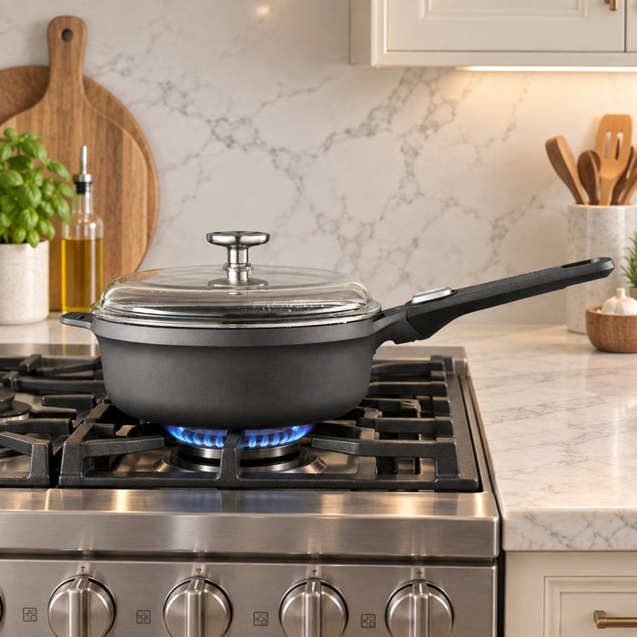 BergHOFF GEM Nonstick Cast Aluminum 10" Saute Pan 3.4qt. with Glass Lid, Black - Sauté Pans