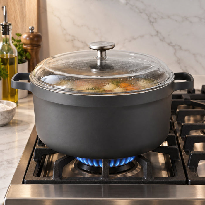 BergHOFF GEM Nonstick Cast Aluminum 11" Stockpot 7.7qt. with Glass Lid, Black - Stock Pots