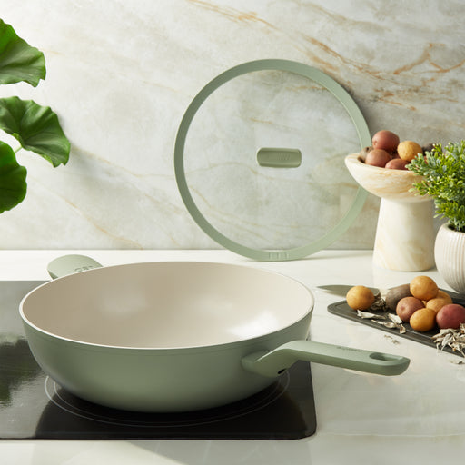 Image 2 of Leo Balance Nonstick Ceramic 12.75" Wok Pan 6.2qt., Glass Lid, Sage