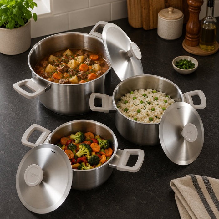 BergHOFF Leo Bolt 18/10 Stainless Steel 6pc Cookware Set, Oyster - Cookware Sets