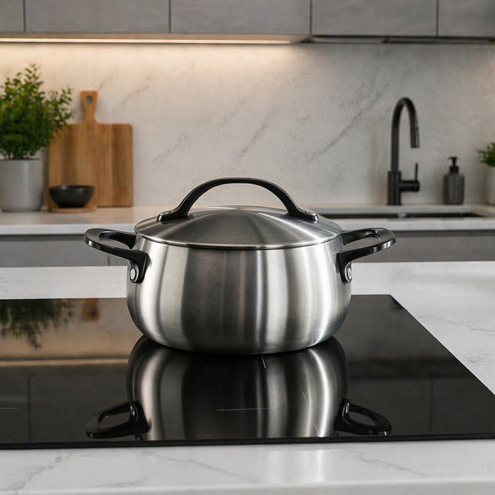 Image 1 of Belly Tri-Ply 18/10 Stainless Steel 8" Stockpot 4qt. with Lid, Smokey Black