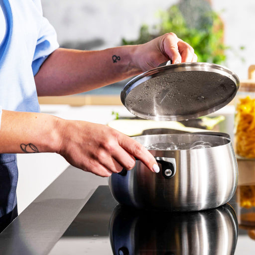 Image 2 of Belly Tri-Ply 18/10 Stainless Steel 8" Stockpot 4qt. with Lid, Smokey Black