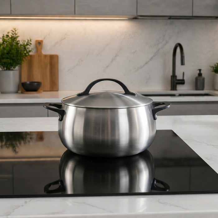 Image 1 of Belly Tri-Ply 18/10 Stainless Steel 9.5" Stockpot 7qt. with Lid, Smokey Black