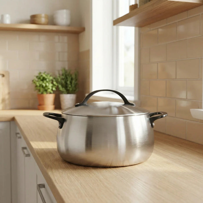 Image 7 of Belly Tri-Ply 18/10 Stainless Steel 9.5" Stockpot 7qt. with Lid, Smokey Black