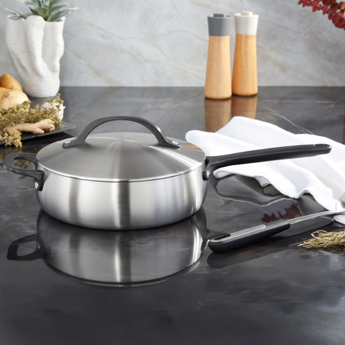 Image 7 of Belly Tri-Ply 18/10 Stainless Steel 9.5" Saute Pan 3qt. with Lid, Smokey Black