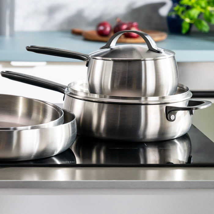 Image 9 of Belly Tri-Ply 18/10 Stainless Steel 9.5" Saute Pan 3qt. with Lid, Smokey Black
