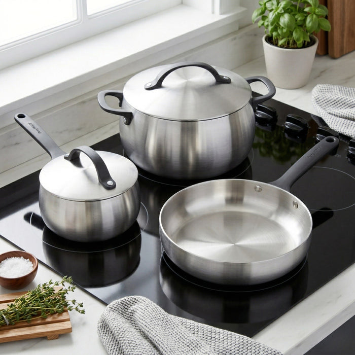 Image 1 of Belly Tri-Ply 5pc 18/10 Stainless Steel Cookware Set with Lids, Smokey Black