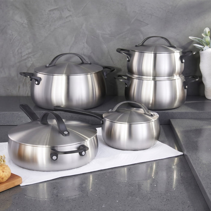 Image 2 of Belly Tri-Ply 10pc 18/10 Stainless Steel Cookware Set with Lids, Smokey Black