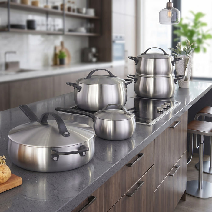 Image 6 of Belly Tri-Ply 10pc 18/10 Stainless Steel Cookware Set with Lids, Smokey Black