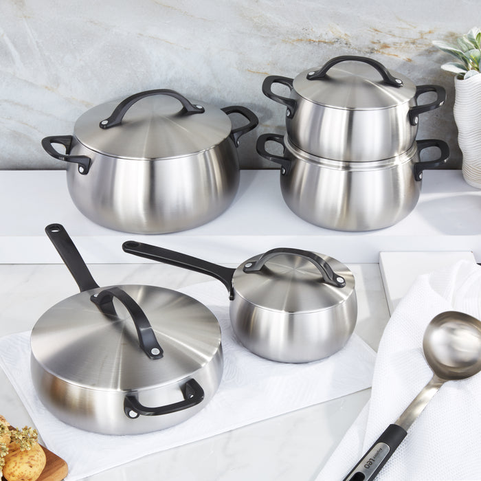 Image 7 of Belly Tri-Ply 10pc 18/10 Stainless Steel Cookware Set with Lids, Smokey Black