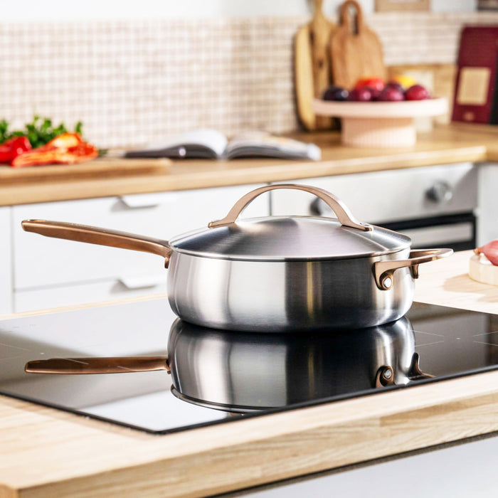 Image 4 of Belly Tri-Ply 18/10 Stainless Steel 9.5" Saute Pan 3qt. with Lid, Warm Blush