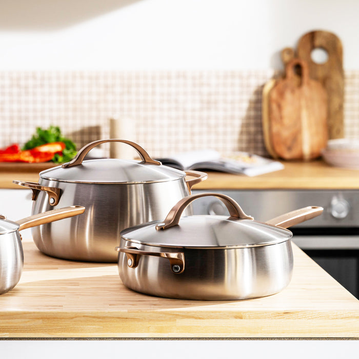Image 7 of Belly Tri-Ply 18/10 Stainless Steel 9.5" Saute Pan 3qt. with Lid, Warm Blush