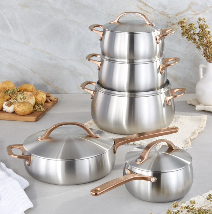 Image 9 of Belly Tri-Ply 5pc 18/10 Stainless Steel Cookware Set with Lids, Warm Blush