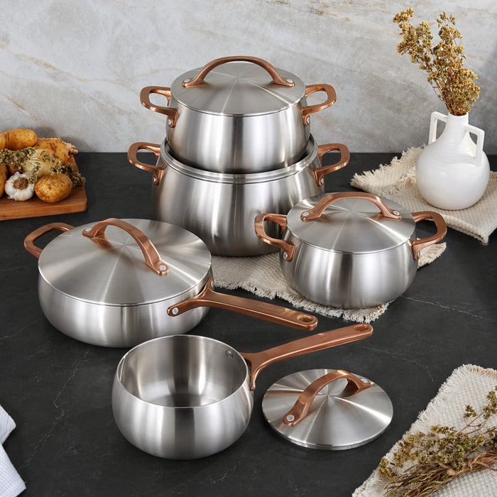 Image 1 of Belly Tri-Ply 10pc 18/10 Stainless Steel Cookware Set with Lids, Warm Blush