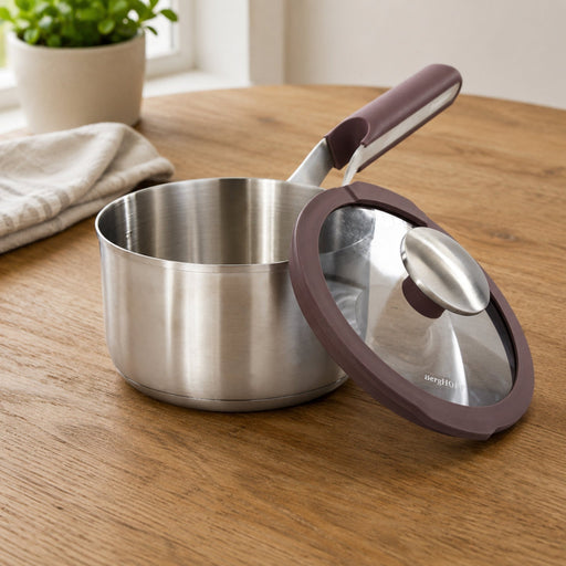 BergHOFF Elements 18/10 Stainless Steel 6.25" Saucepan 1.5qt. with Glass Lid, Purple - Saucepans