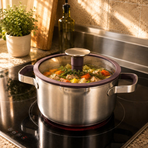 BergHOFF Elements 18/10 Stainless Steel 8" Stockpot 3qt. with Glass Lid, Purple - Stock Pots