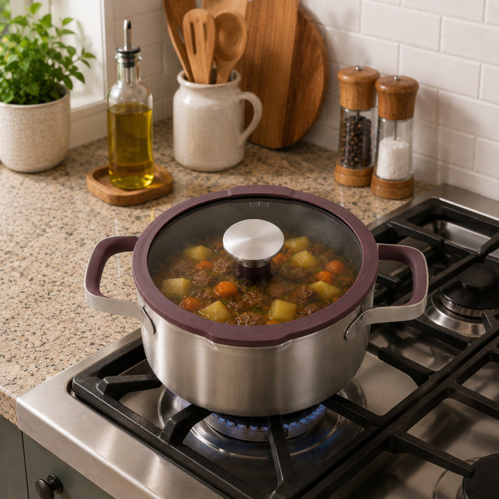 BergHOFF Elements 18/10 Stainless Steel 8" Stockpot 3qt. with Glass Lid, Purple