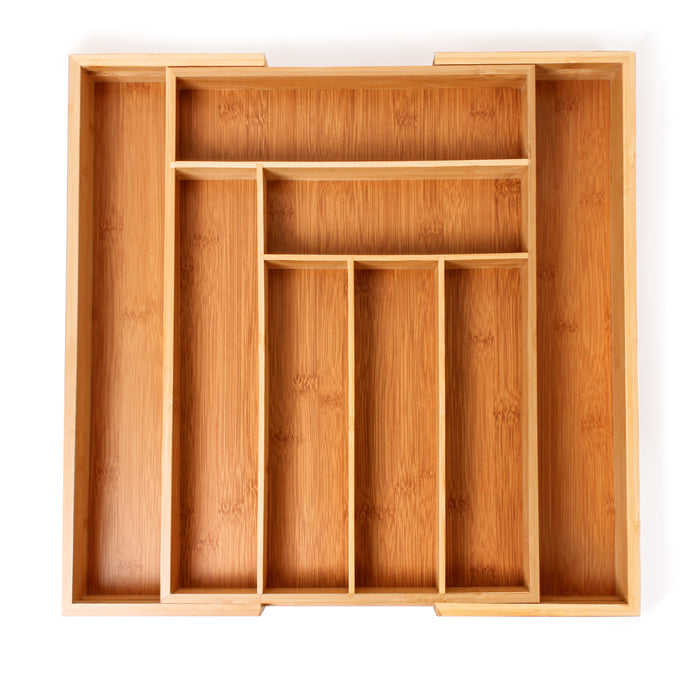Image 2 of 8-Slot organizer  - All the right spaces for flatware in renewable bamboo. Adjustable tray expands to fit almost any kitchen drawer and includes two additional dividers to customize the compartments to 8 trays. TRAYS NOT EXTENDED MEASURES: 1st Top