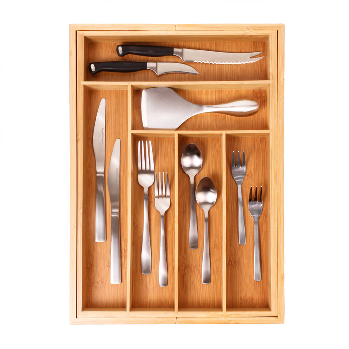 Image 4 of 8-Slot organizer  - All the right spaces for flatware in renewable bamboo. Adjustable tray expands to fit almost any kitchen drawer and includes two additional dividers to customize the compartments to 8 trays. TRAYS NOT EXTENDED MEASURES: 1st Top