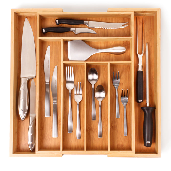 Image 5 of 8-Slot organizer  - All the right spaces for flatware in renewable bamboo. Adjustable tray expands to fit almost any kitchen drawer and includes two additional dividers to customize the compartments to 8 trays. TRAYS NOT EXTENDED MEASURES: 1st Top