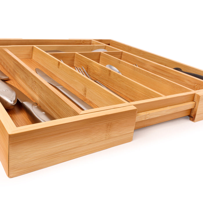 Image 6 of 8-Slot organizer  - All the right spaces for flatware in renewable bamboo. Adjustable tray expands to fit almost any kitchen drawer and includes two additional dividers to customize the compartments to 8 trays. TRAYS NOT EXTENDED MEASURES: 1st Top