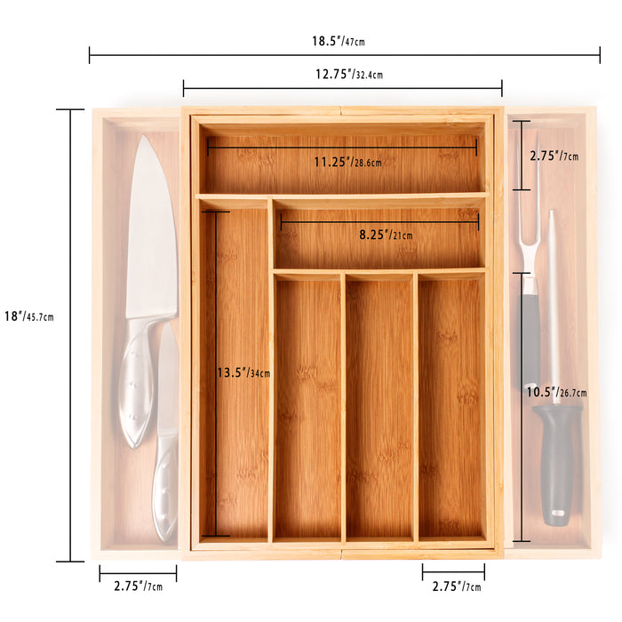 Image 1 of 8-Slot organizer  - All the right spaces for flatware in renewable bamboo. Adjustable tray expands to fit almost any kitchen drawer and includes two additional dividers to customize the compartments to 8 trays. TRAYS NOT EXTENDED MEASURES: 1st Top