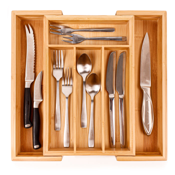 Image 3 of 6-Slot Flatware Organizer Features 5 built-in dividers to sort and organize place setting pieces; can be used in the kitchen for fork, spoon, knife, and gadget organization. All the right spaces for flatware in renewable bamboo. Designed to fit al