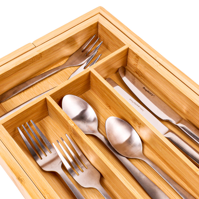 Image 4 of 6-Slot Flatware Organizer Features 5 built-in dividers to sort and organize place setting pieces; can be used in the kitchen for fork, spoon, knife, and gadget organization. All the right spaces for flatware in renewable bamboo. Designed to fit al