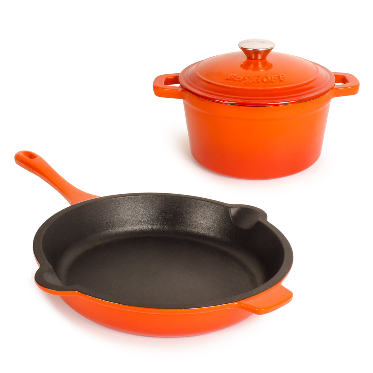 Neo 3pc Cast Iron Cookware Set, Fry Pan & Round Dutch Oven, Orange