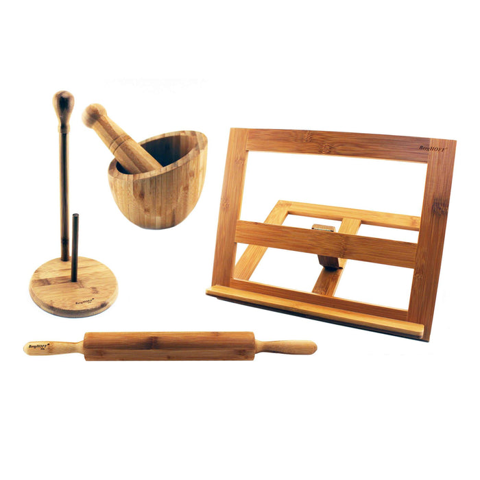 Image 1 of Bamboo Kitchen Set 4pc (Cook Book Hldr, Garlic Bowl, Paper Twl Hldr, & Rolling Pin)