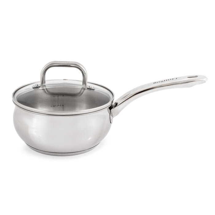 BergHOFF Essentials Belly Shape 18/10 Stainless Steel 6.25" Sauce Pan with Glass Lid 1.5Qt. Image1