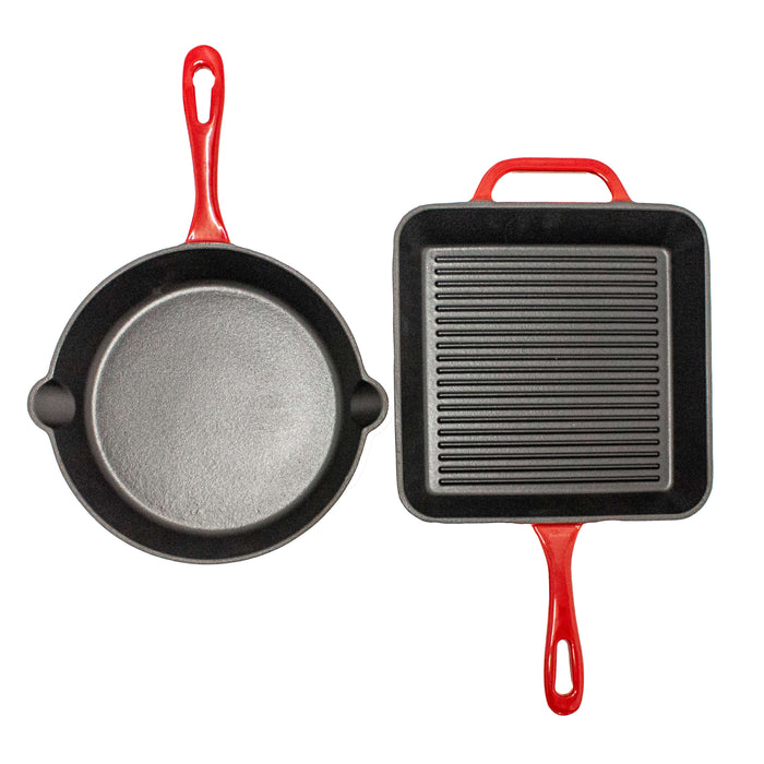 Image 1 of 2Pc Enamel Cast Iron 10" Fry Pan & 10" Grill Pan Set, Red