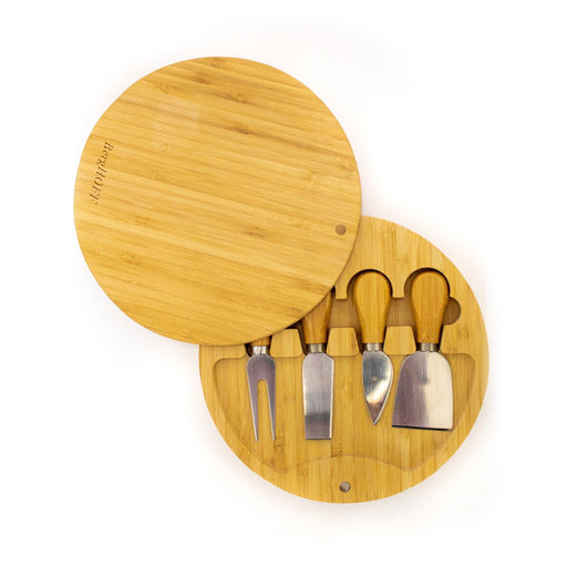 Image 1 of Bamboo 6pc Round Covered Cheese Board Set, with 4 Tools, 8.7x1.5"