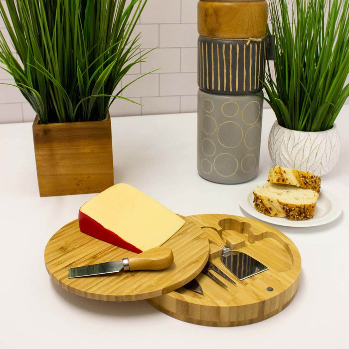 Image 3 of Bamboo 6pc Round Covered Cheese Board Set, with 4 Tools, 8.7x1.5"