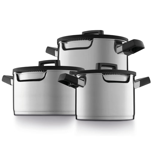 Image 1 of GEM 6Pc Downdraft 18/10 Stainless Steel Cookware Set, Black Handles