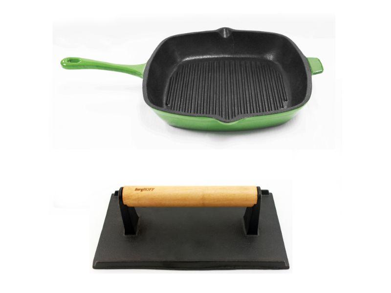 Image 1 of Cast Iron 18/10 Stainless Steel Grill Set 2pc Green