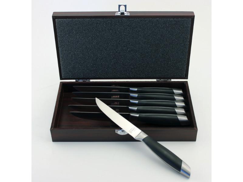 BergHOFF Classico 6-Piece Steak Knife Set With Wooden Case - Stainless Steel Blades, Black/Wood