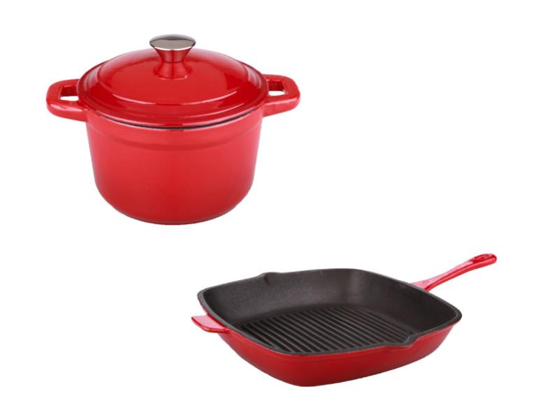 Image 1 of Neo 3Pc Cast Iron Set, 3Qt Covered Dutch Oven & 11" Grill Pan Red