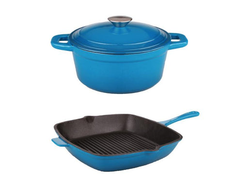 Image 1 of Neo 3Pc Cast Iron Set, 3Qt Covered Dutch Oven & 11" Grill Pan Blue