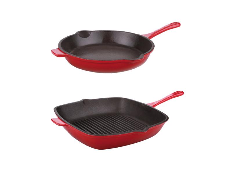 Image 1 of Neo 2pc Cast Iron Set, 10" Fry Pan & 11" Grill Pan, Red