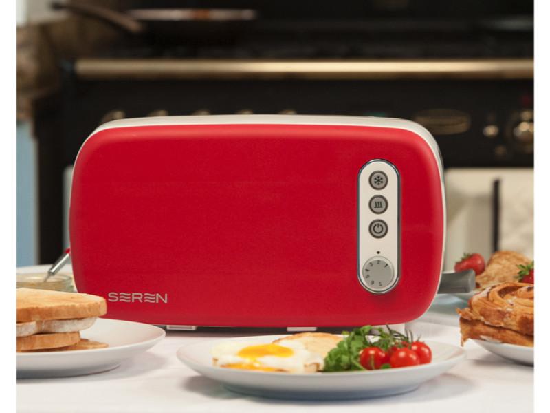 Image 1 of Seren Side Loading Toaster with Cool Touch Exterior and Removable Crumb Tray, with Red Front Panel/ Serving Tray