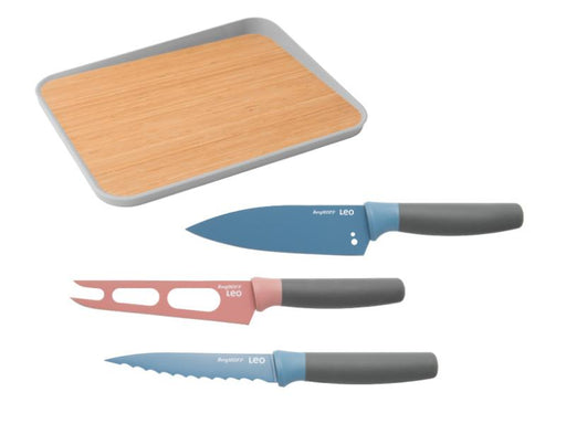 Image 1 of Leo 4Pc Stainless Steel Knife Set with 16" Bamboo Cutting Board