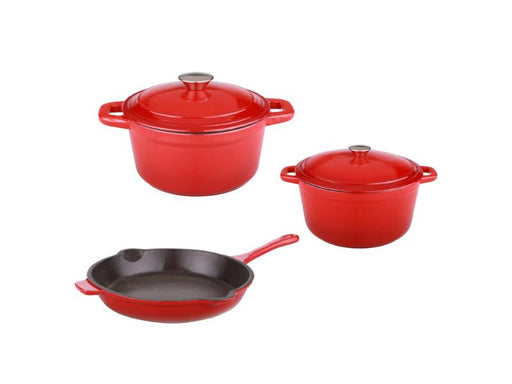 Image 1 of Neo 5Pc Cast Iron Set, 3Qt Covered Dutch Oven, 5Qt Covered Stock Pot, & 10" Fry Pan, Red