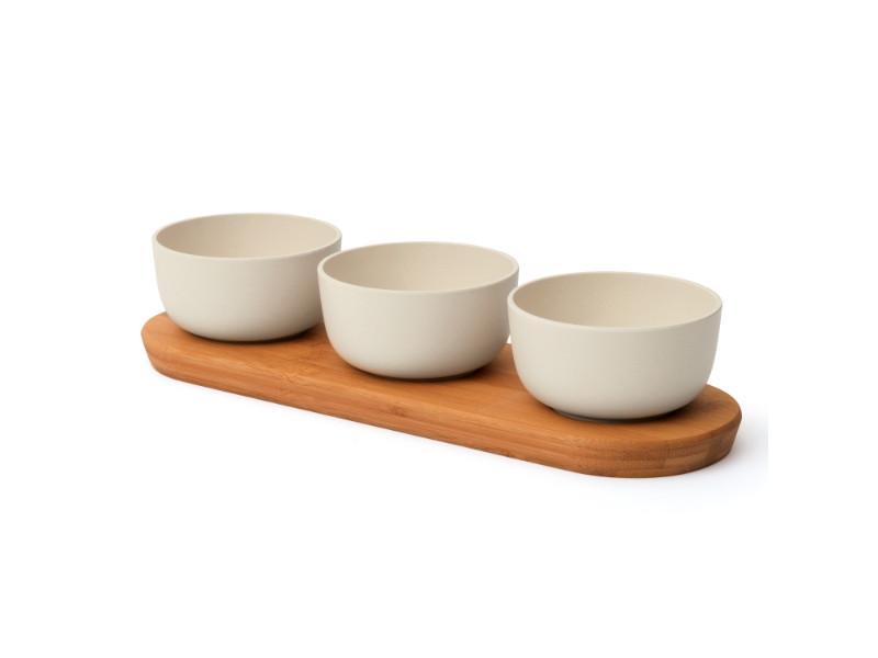 Image 1 of Leo 3Pc Bowl Set with Bamboo Tray 0.29Qt Each, White